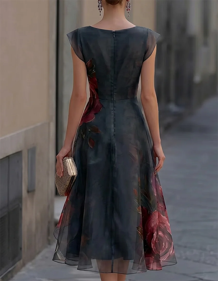 Black watercolor red rose print chiffon midi dress with round neckline