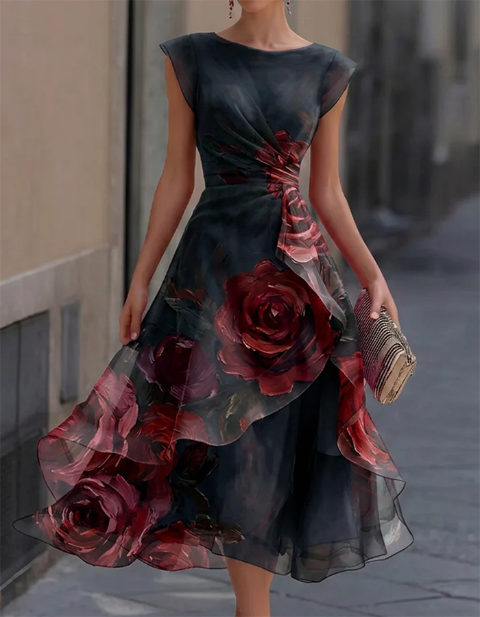 Black watercolor red rose print chiffon midi dress with round neckline