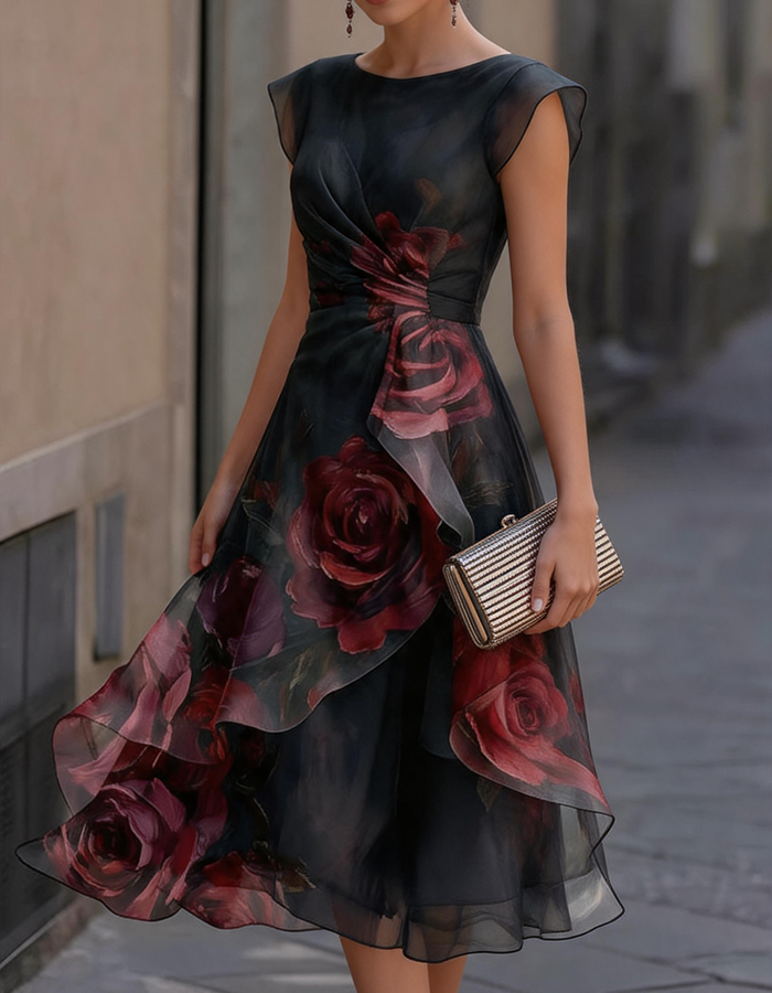 Black watercolor red rose print chiffon midi dress with round neckline