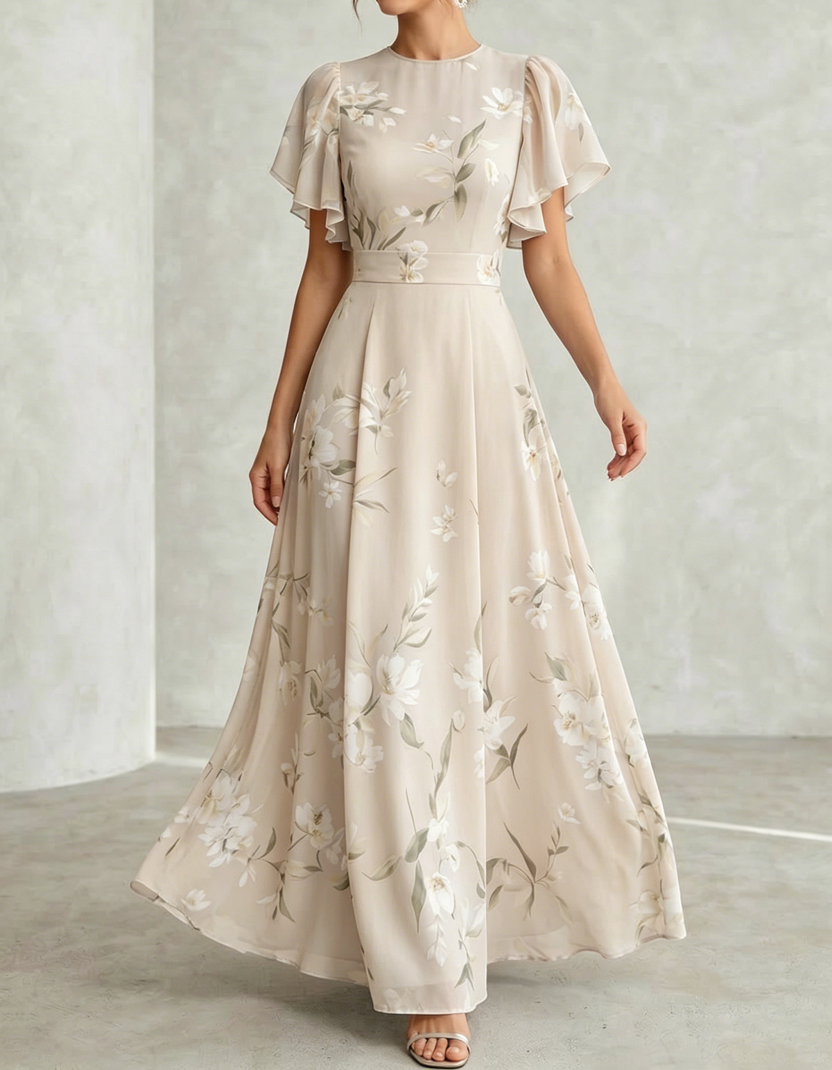 Pale Blue Chiffon Round Neck Ruffle Print Maxi Dress