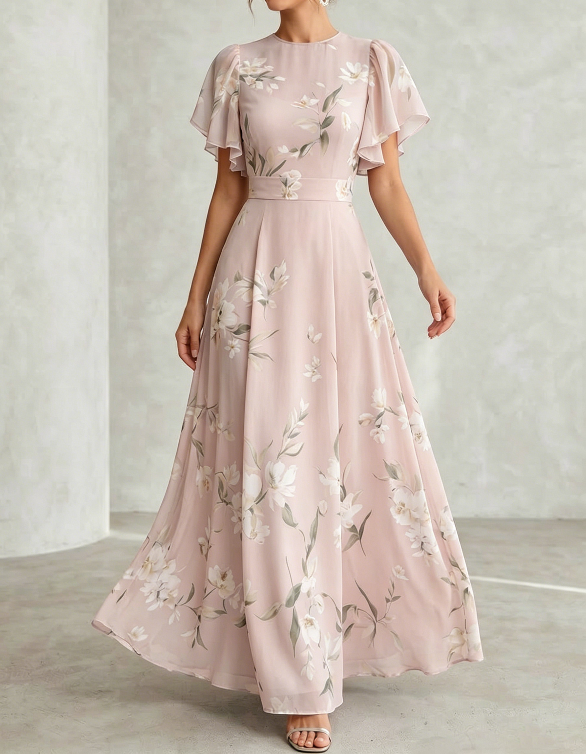 Pale Blue Chiffon Round Neck Ruffle Print Maxi Dress