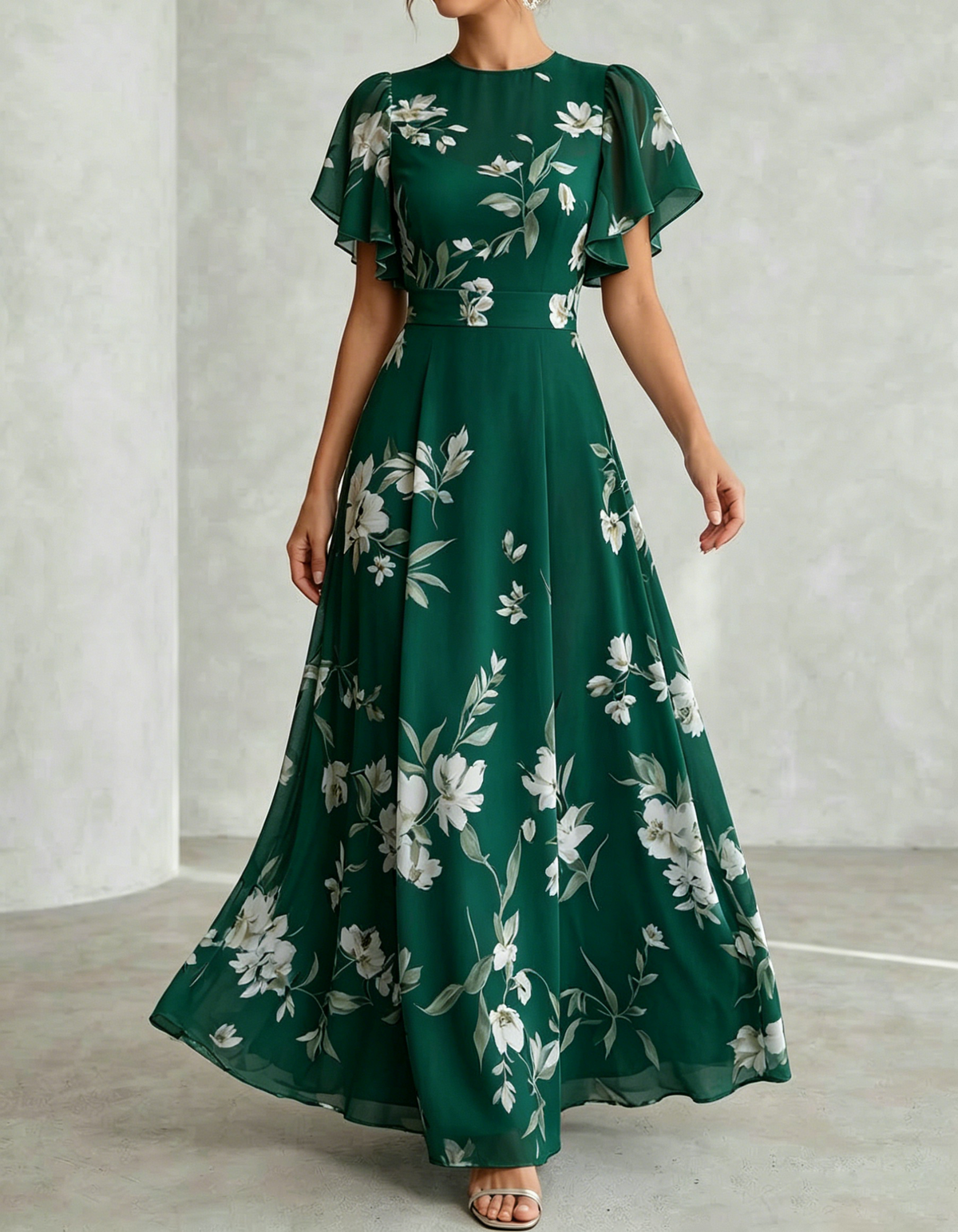Pale Blue Chiffon Round Neck Ruffle Print Maxi Dress
