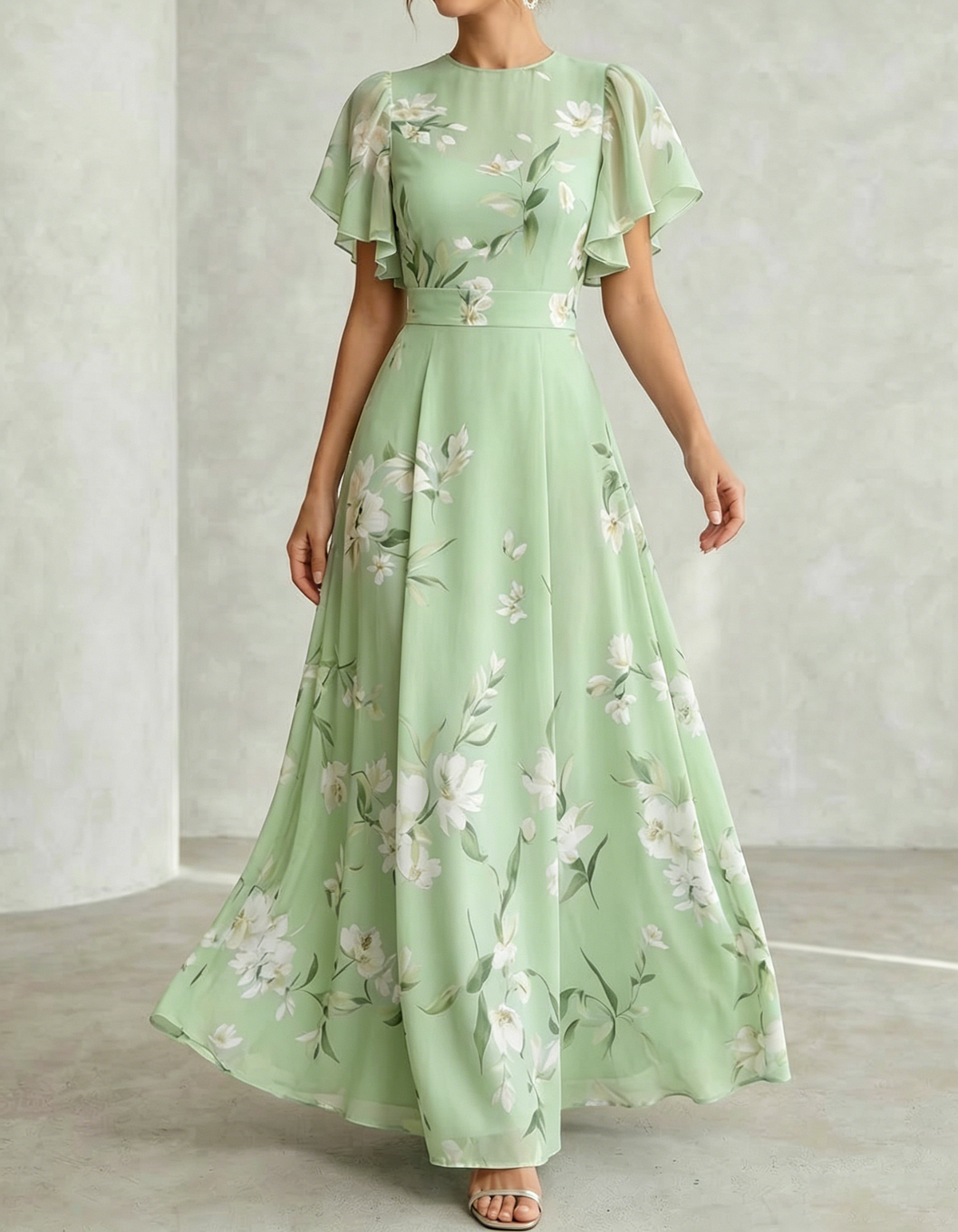 Pale Blue Chiffon Round Neck Ruffle Print Maxi Dress