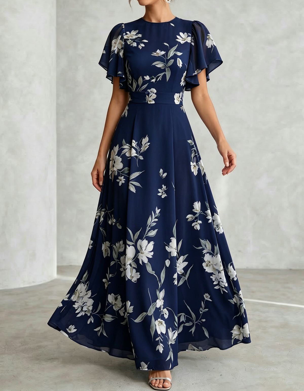 Pale Blue Chiffon Round Neck Ruffle Print Maxi Dress
