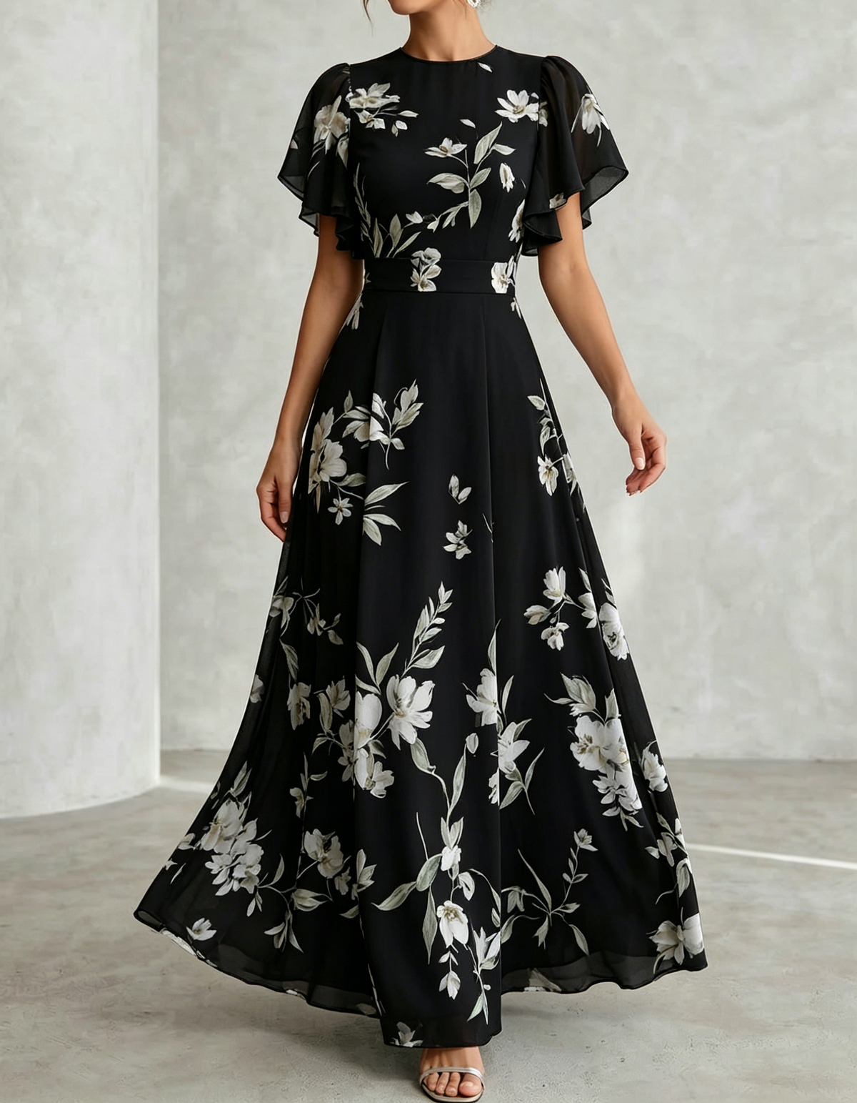 Pale Blue Chiffon Round Neck Ruffle Print Maxi Dress