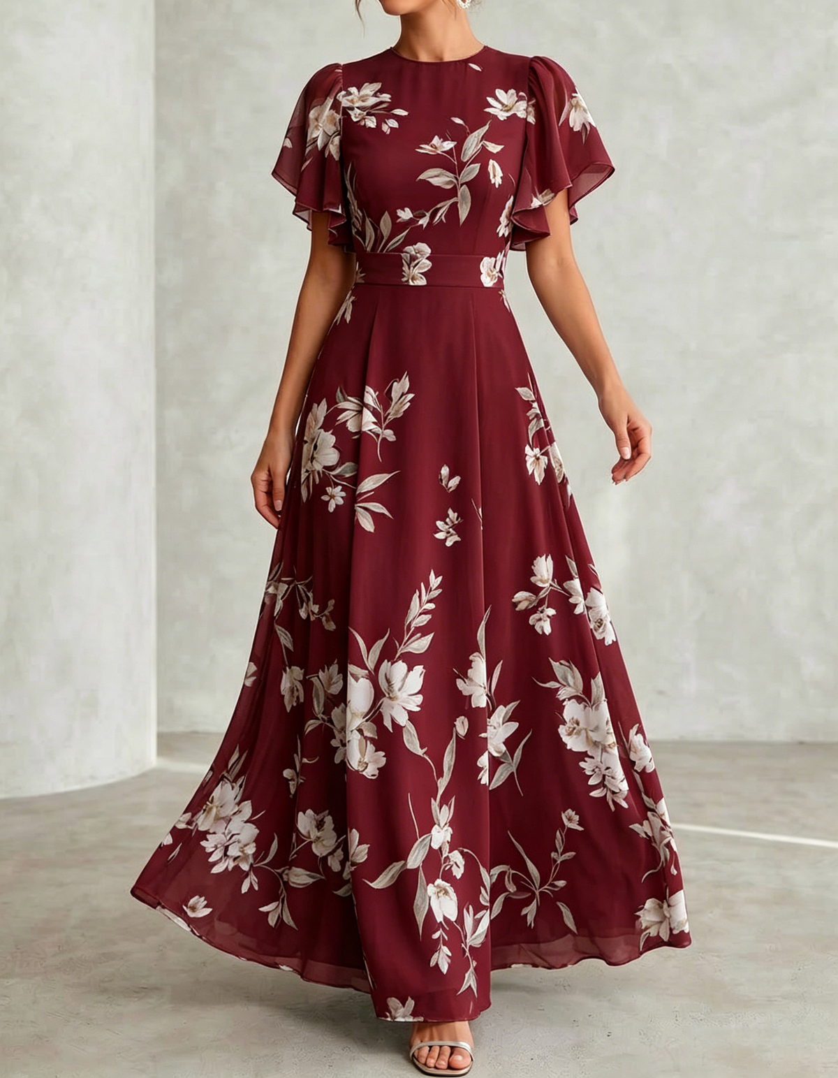 Pale Blue Chiffon Round Neck Ruffle Print Maxi Dress
