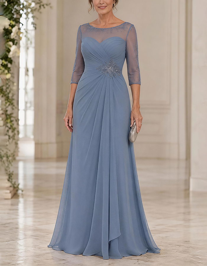 Maxi dress made of chiffon in dusty blue with a round neck, 3/4 sleeves, and crossed pleated details, featuring an illusion effect