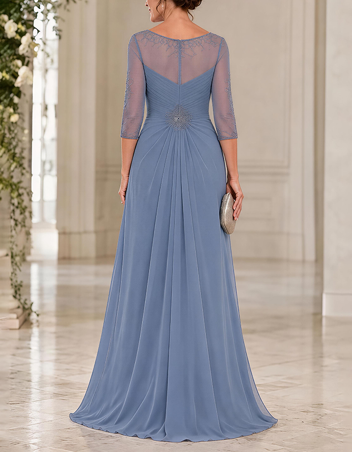 Maxi dress made of chiffon in dusty blue with a round neck, 3/4 sleeves, and crossed pleated details, featuring an illusion effect