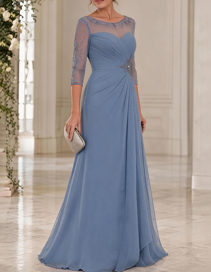 Maxi dress made of chiffon in dusty blue with a round neck, 3/4 sleeves, and crossed pleated details, featuring an illusion effect