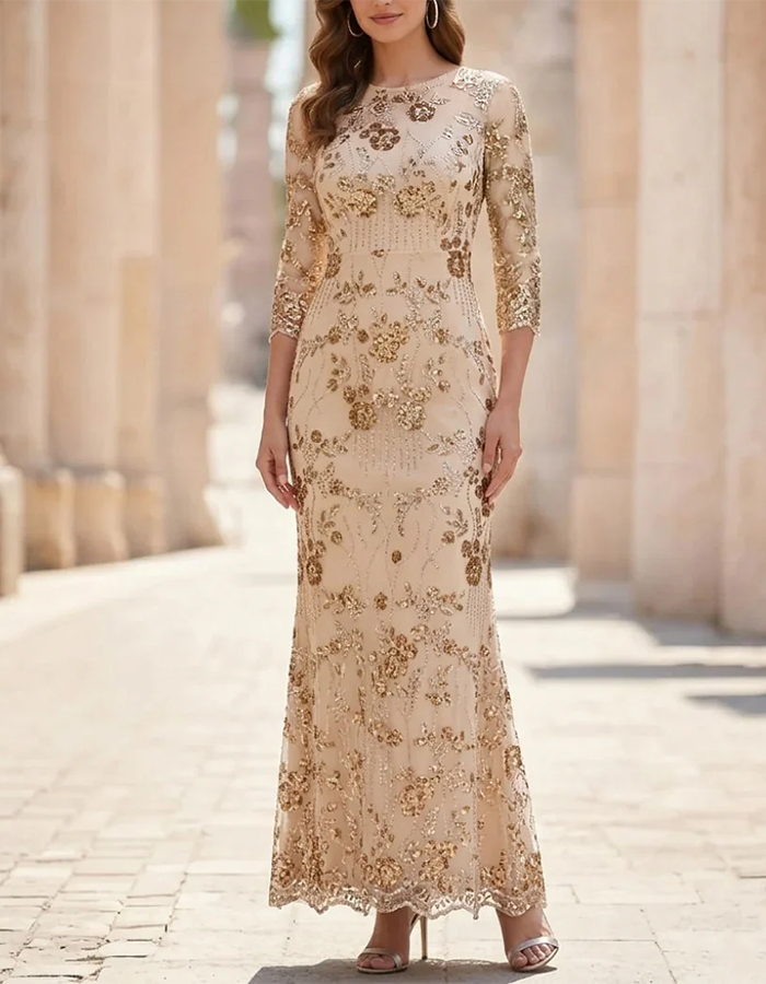 Champagne Maxi Dress with Round Neck, Flowers, Sequins, and Mesh in Mermaid Style