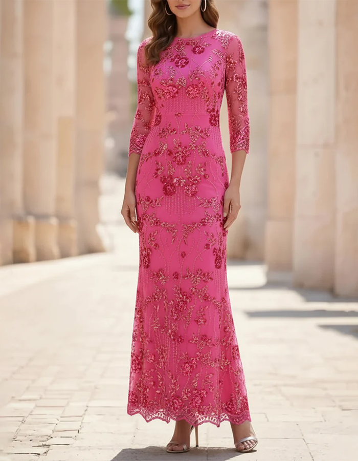Champagne Maxi Dress with Round Neck, Flowers, Sequins, and Mesh in Mermaid Style