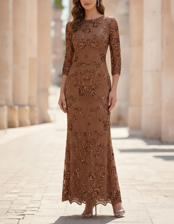 Champagne Maxi Dress with Round Neck, Flowers, Sequins, and Mesh in Mermaid Style