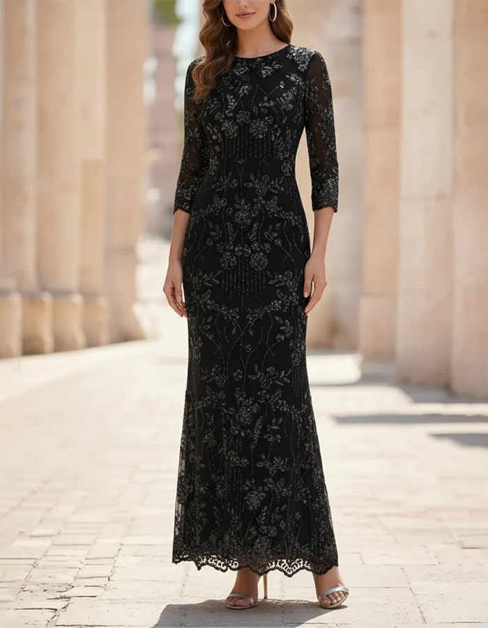Champagne Maxi Dress with Round Neck, Flowers, Sequins, and Mesh in Mermaid Style