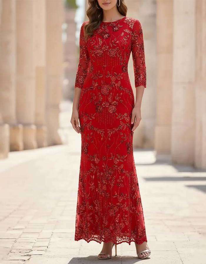 Champagne Maxi Dress with Round Neck, Flowers, Sequins, and Mesh in Mermaid Style