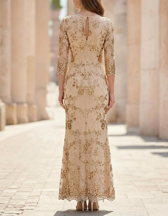Champagne Maxi Dress with Round Neck, Flowers, Sequins, and Mesh in Mermaid Style
