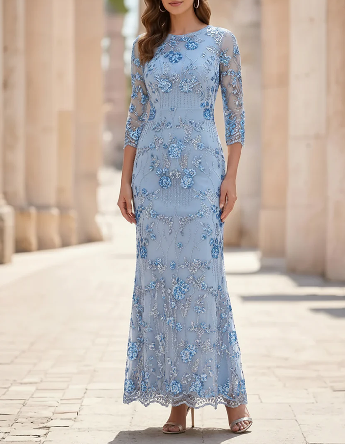 Champagne Maxi Dress with Round Neck, Flowers, Sequins, and Mesh in Mermaid Style