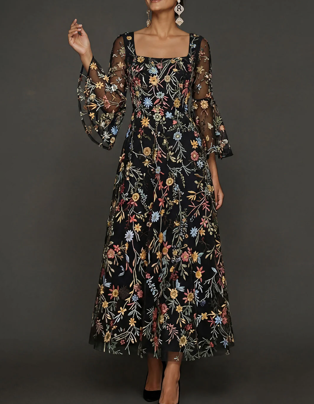 Chiffon maxi dress with lace embroidery, square neckline, and tailored waist