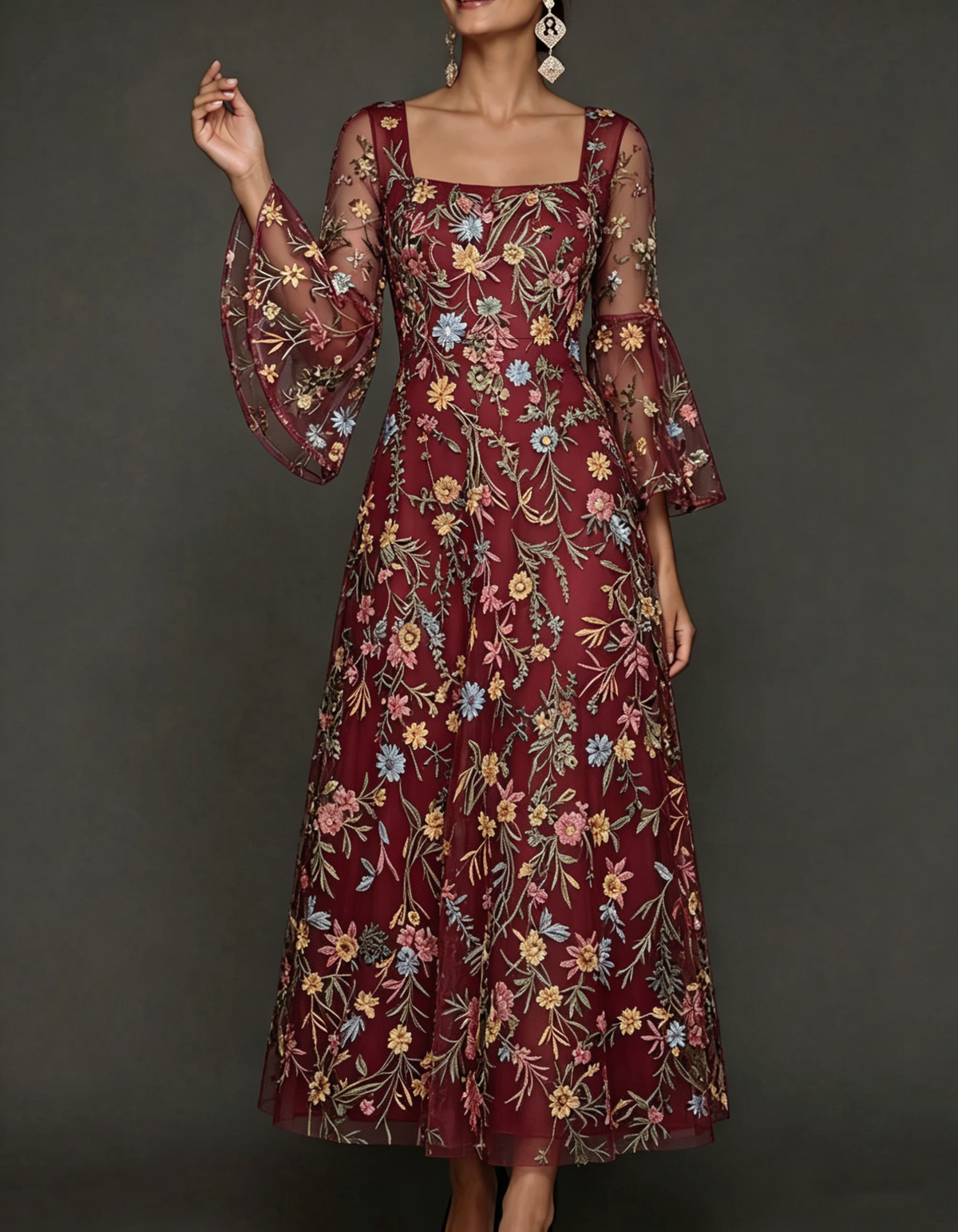 Chiffon maxi dress with lace embroidery, square neckline, and tailored waist