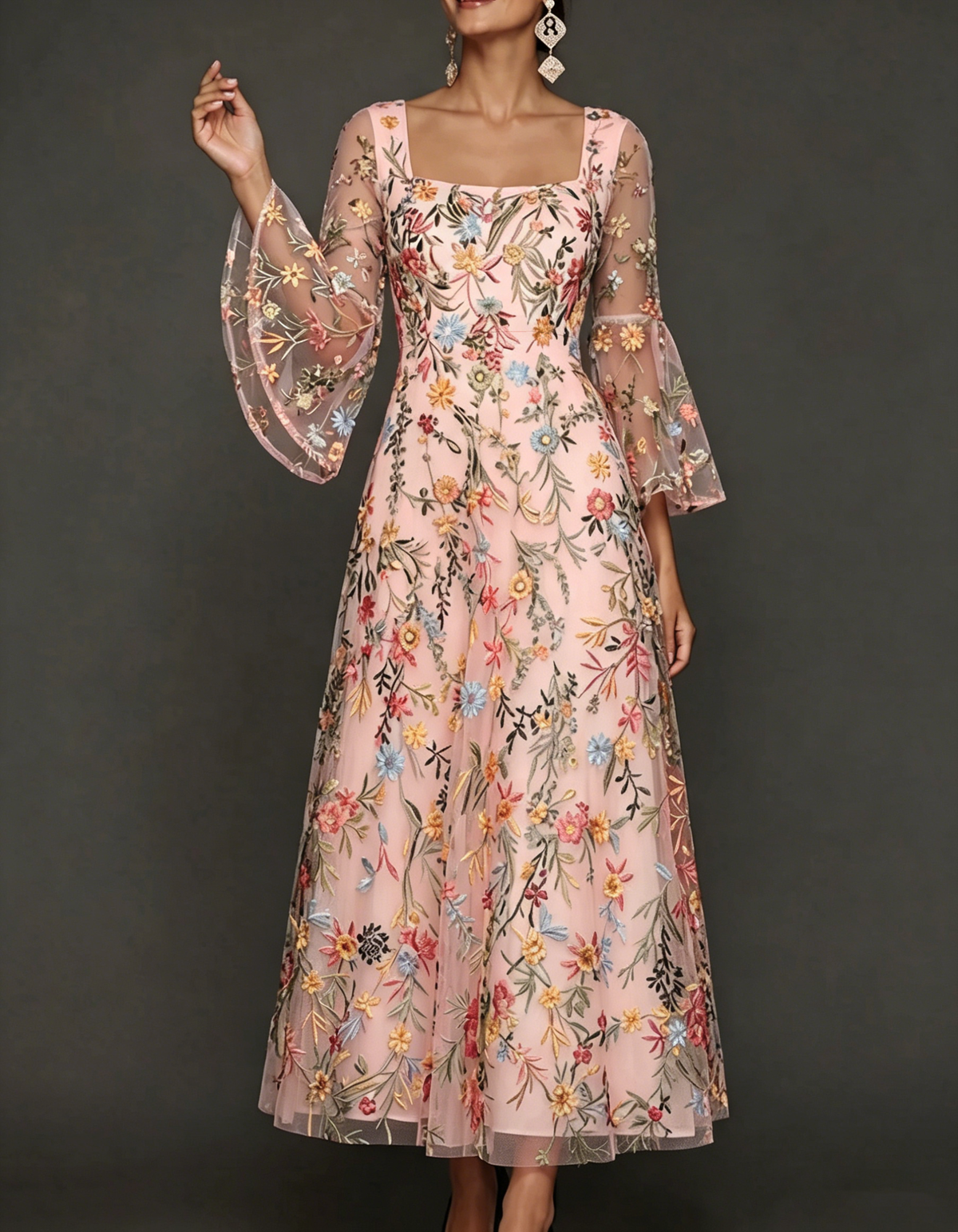 Chiffon maxi dress with lace embroidery, square neckline, and tailored waist