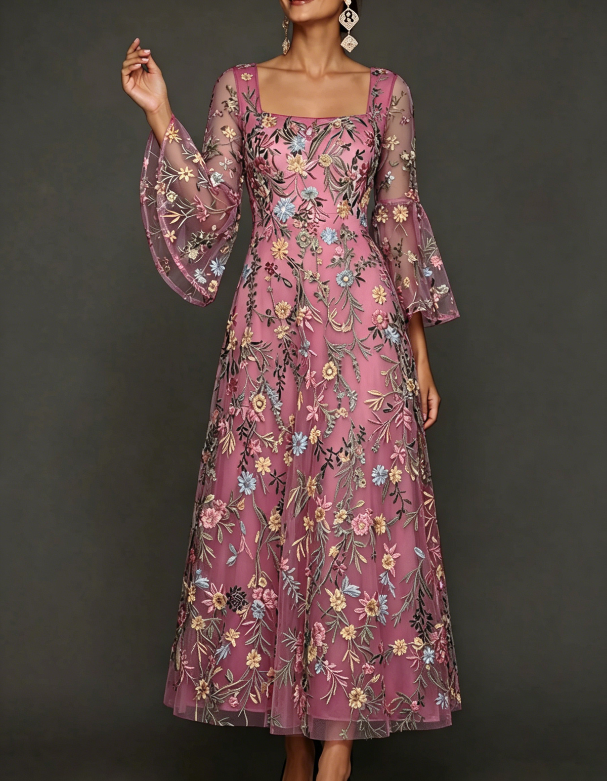 Chiffon maxi dress with lace embroidery, square neckline, and tailored waist
