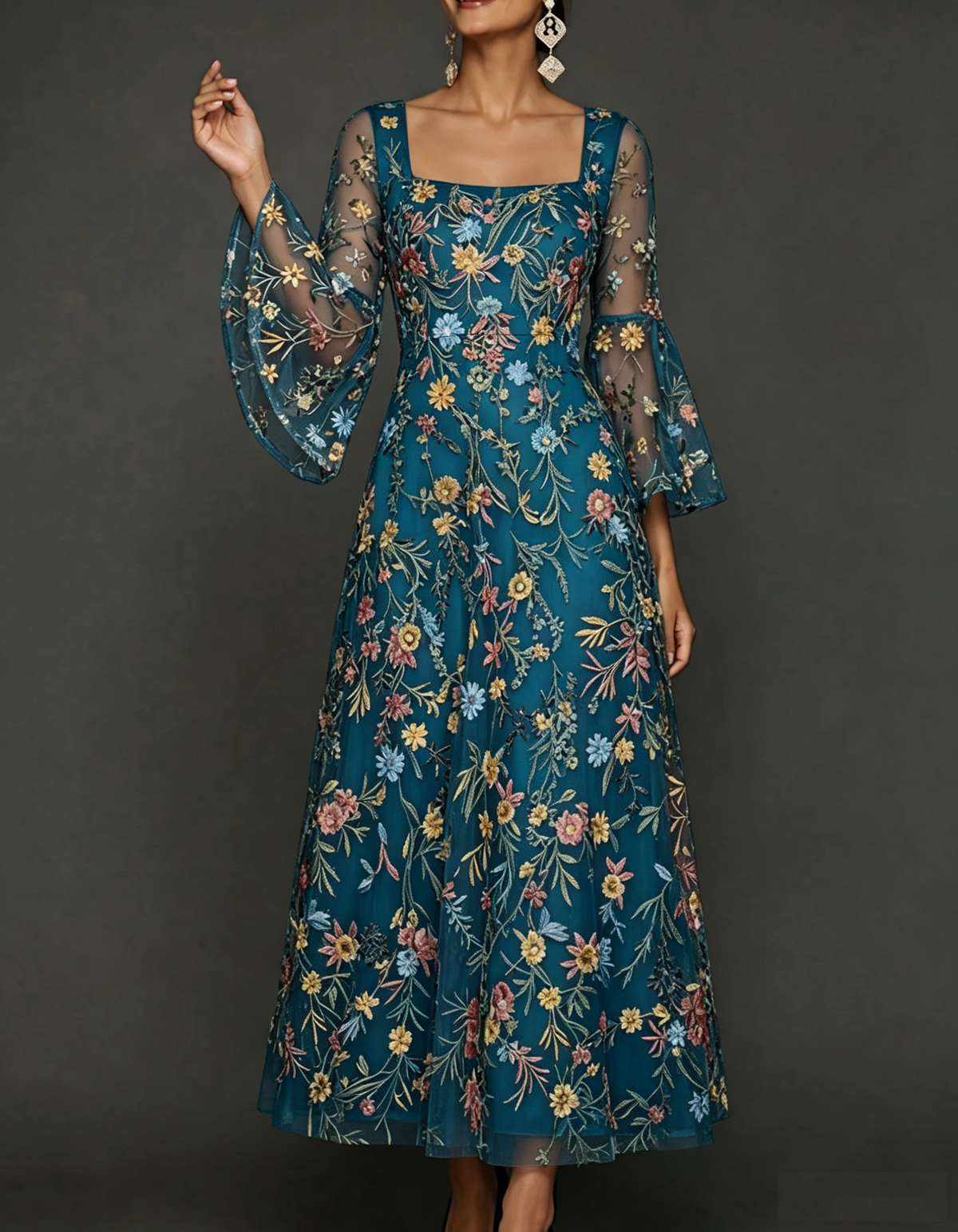 Chiffon maxi dress with lace embroidery, square neckline, and tailored waist