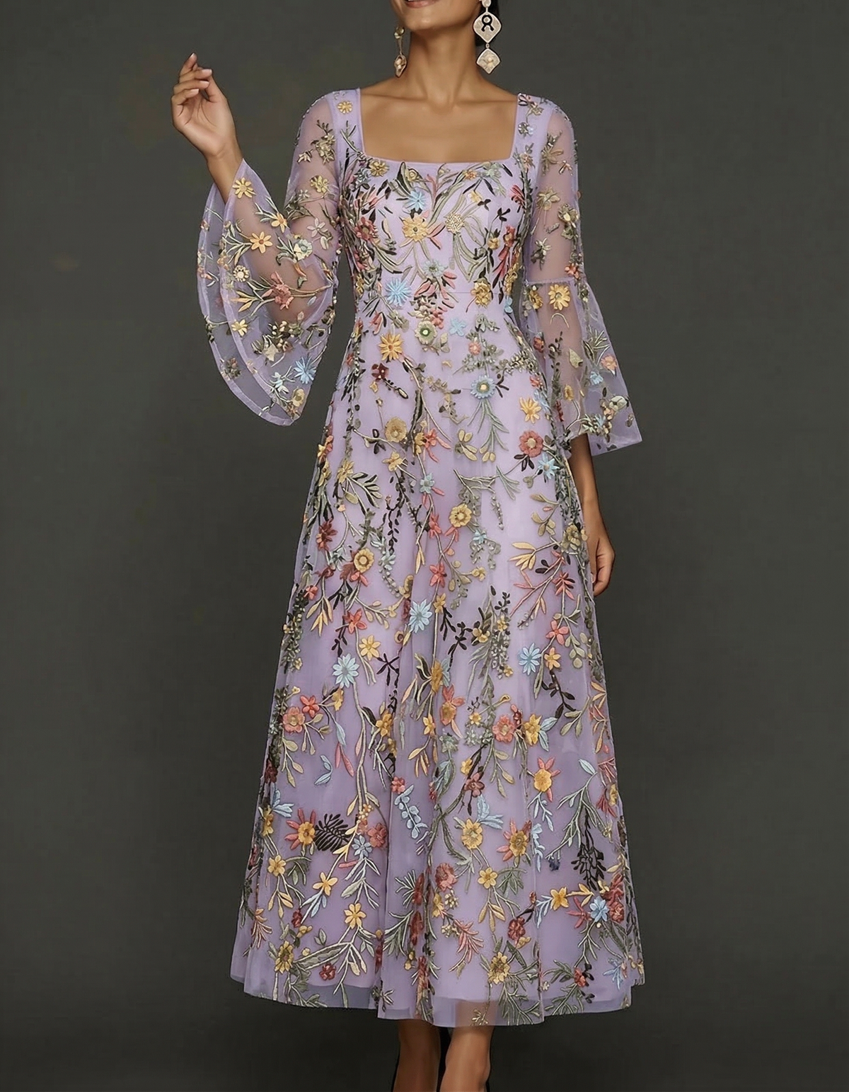 Chiffon maxi dress with lace embroidery, square neckline, and tailored waist
