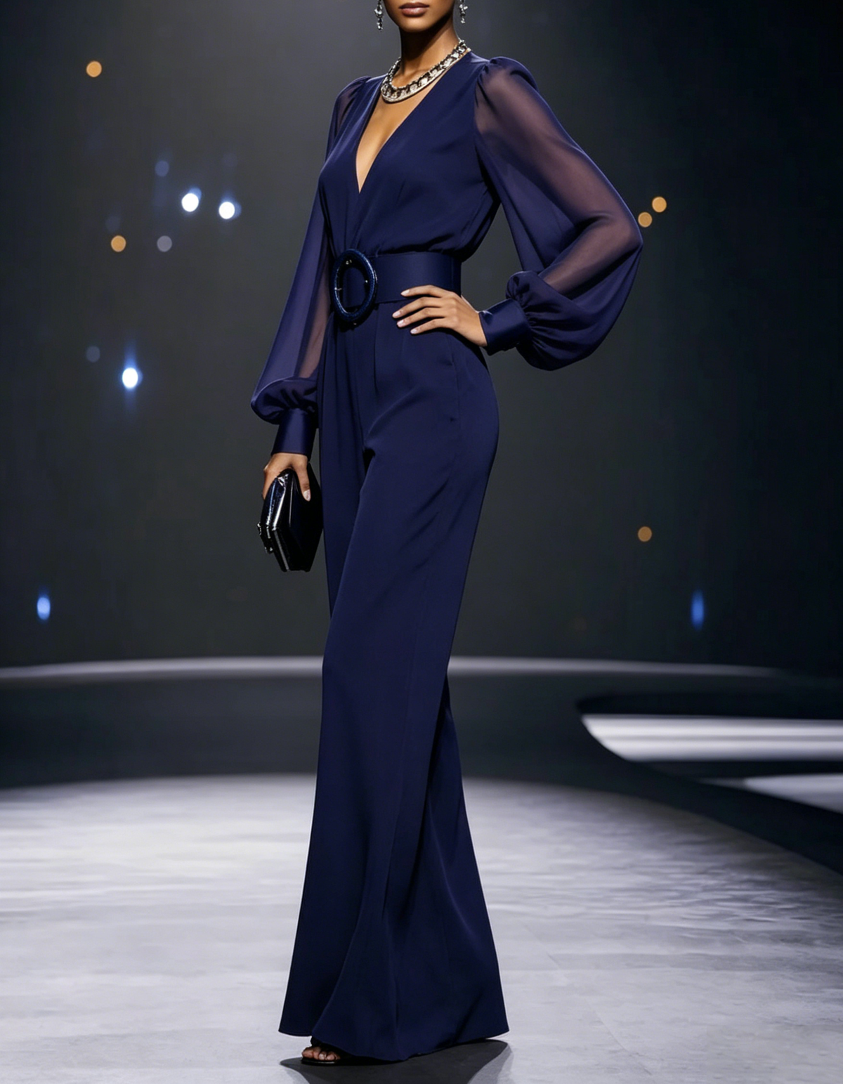 V-neck sheer chiffon bubble sleeve wide leg formal jumpsuit