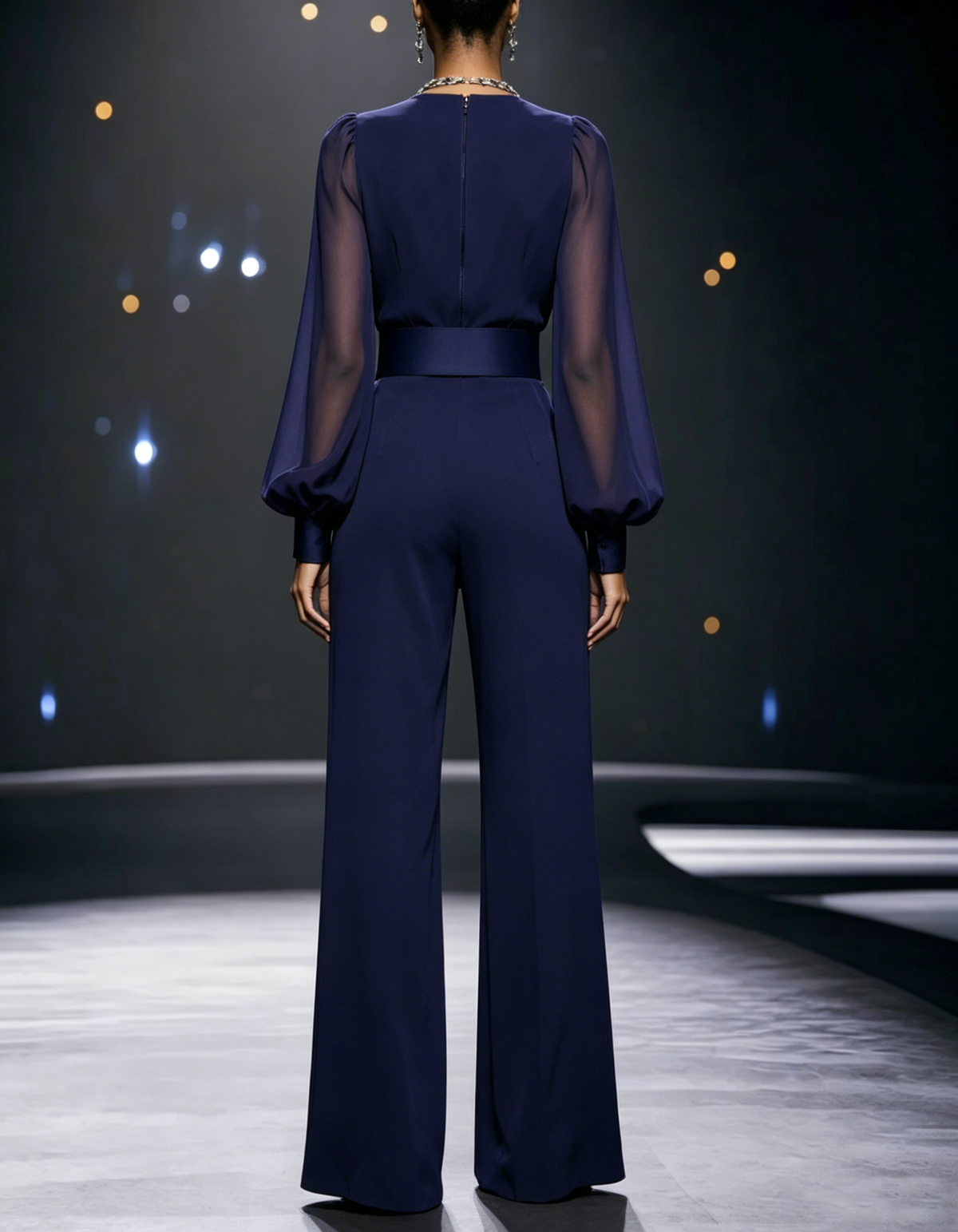 V-neck sheer chiffon bubble sleeve wide leg formal jumpsuit
