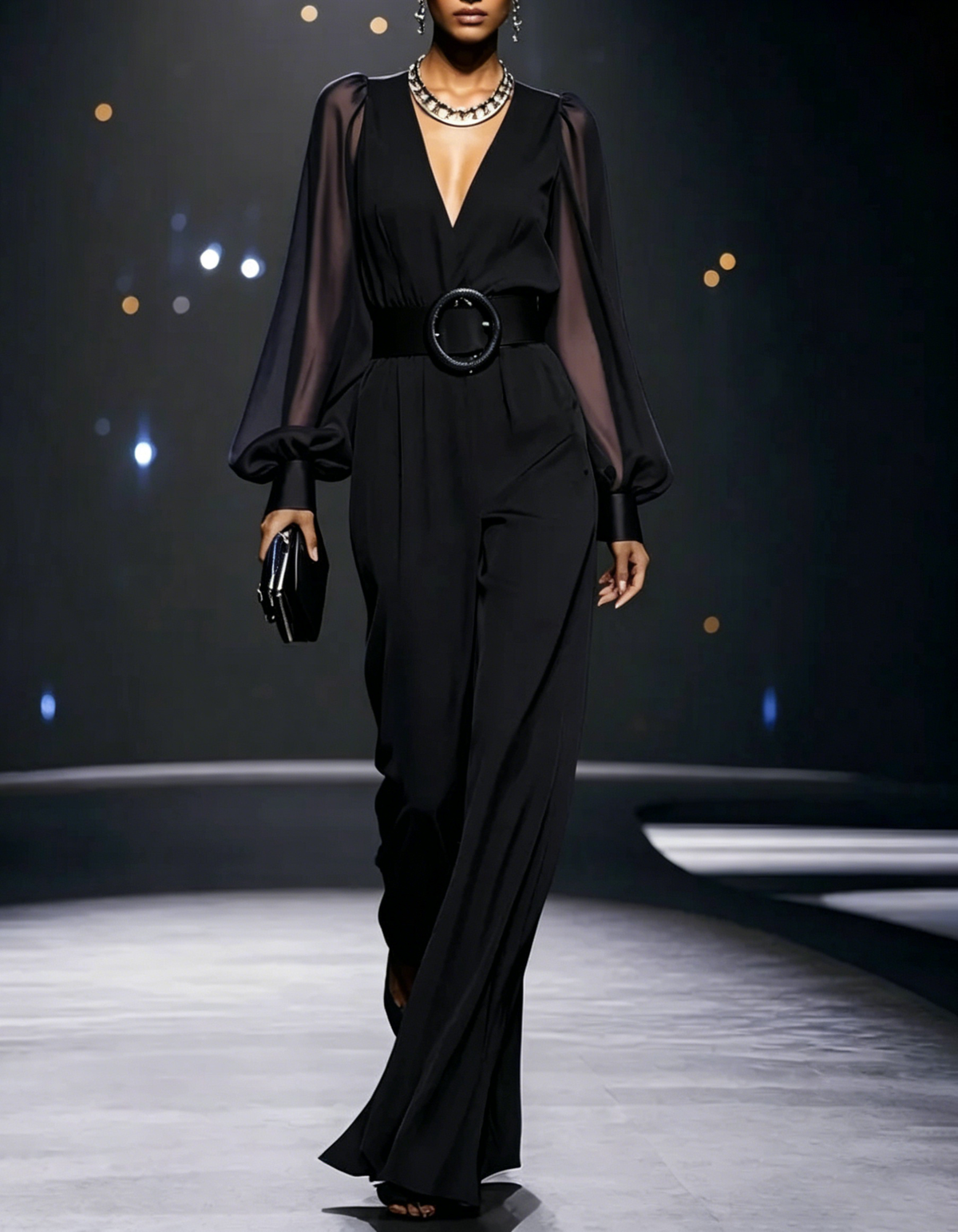 V-neck sheer chiffon bubble sleeve wide leg formal jumpsuit