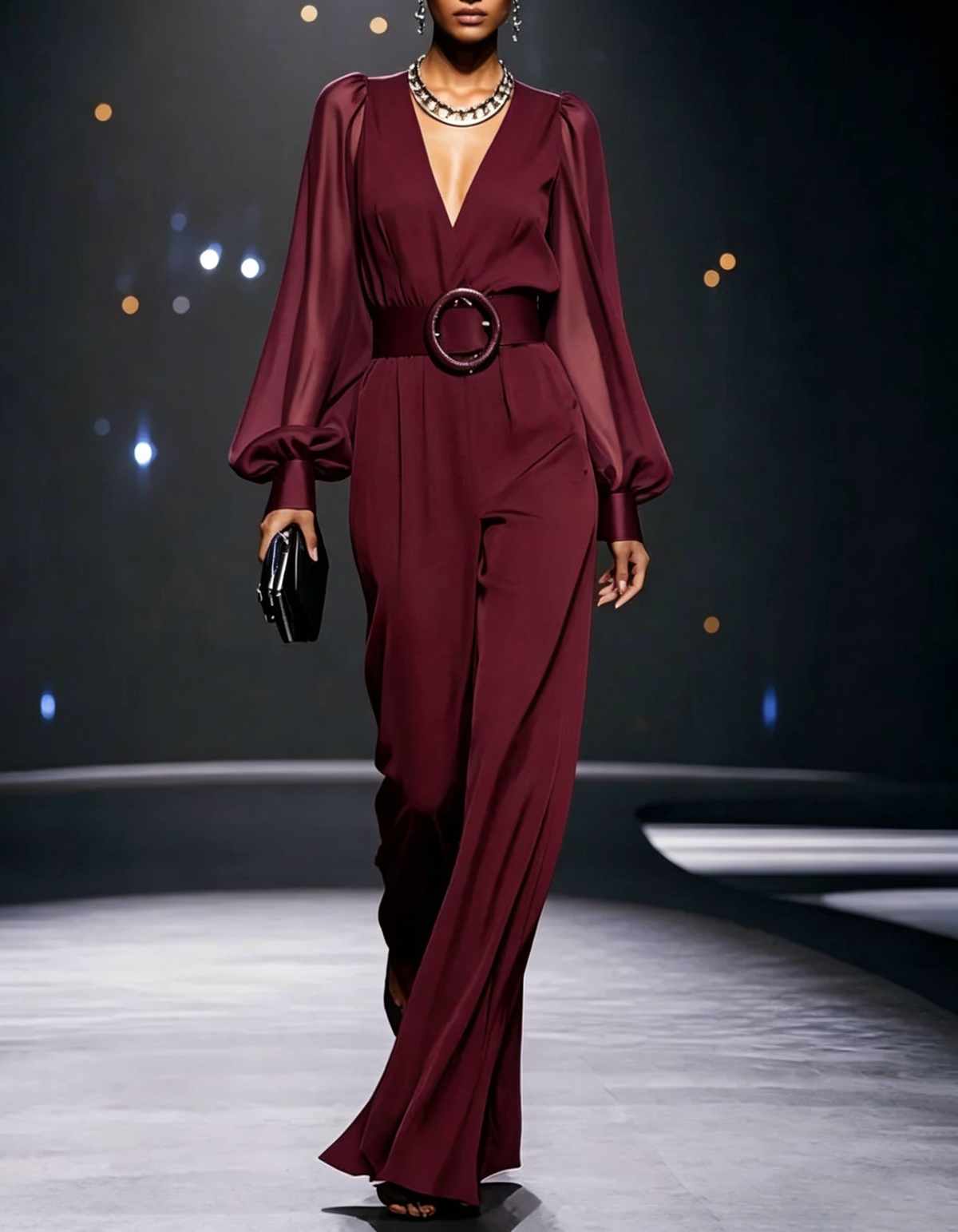 V-neck sheer chiffon bubble sleeve wide leg formal jumpsuit