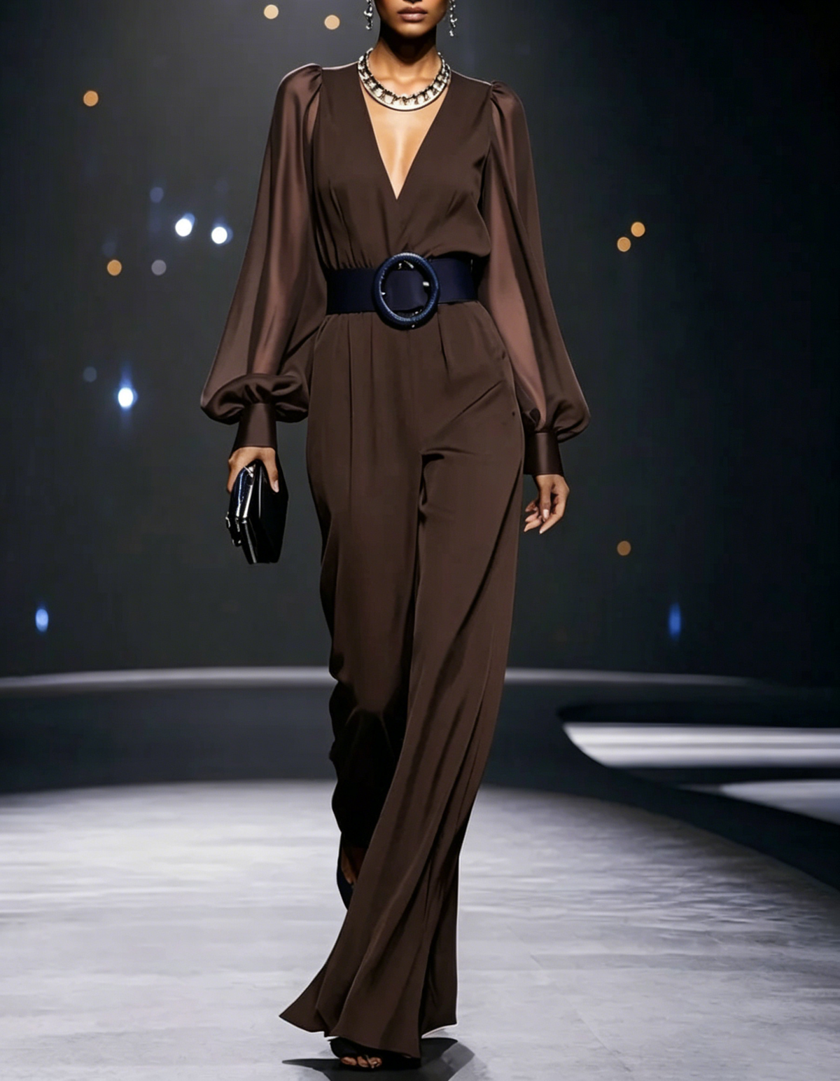 V-neck sheer chiffon bubble sleeve wide leg formal jumpsuit
