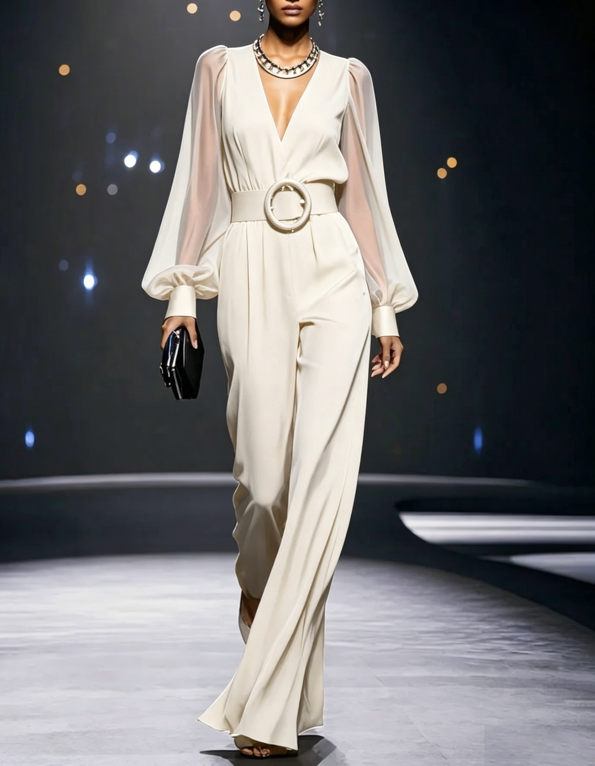 V-neck sheer chiffon bubble sleeve wide leg formal jumpsuit