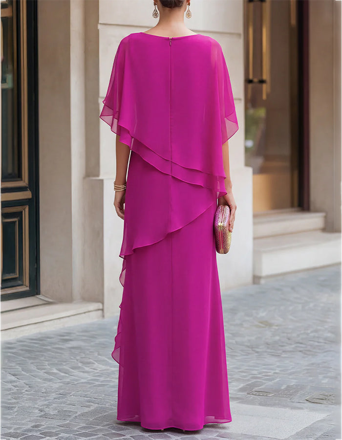 Fuchsia maxi dress made of flowing chiffon with a round neckline, side ruffles, and A-line