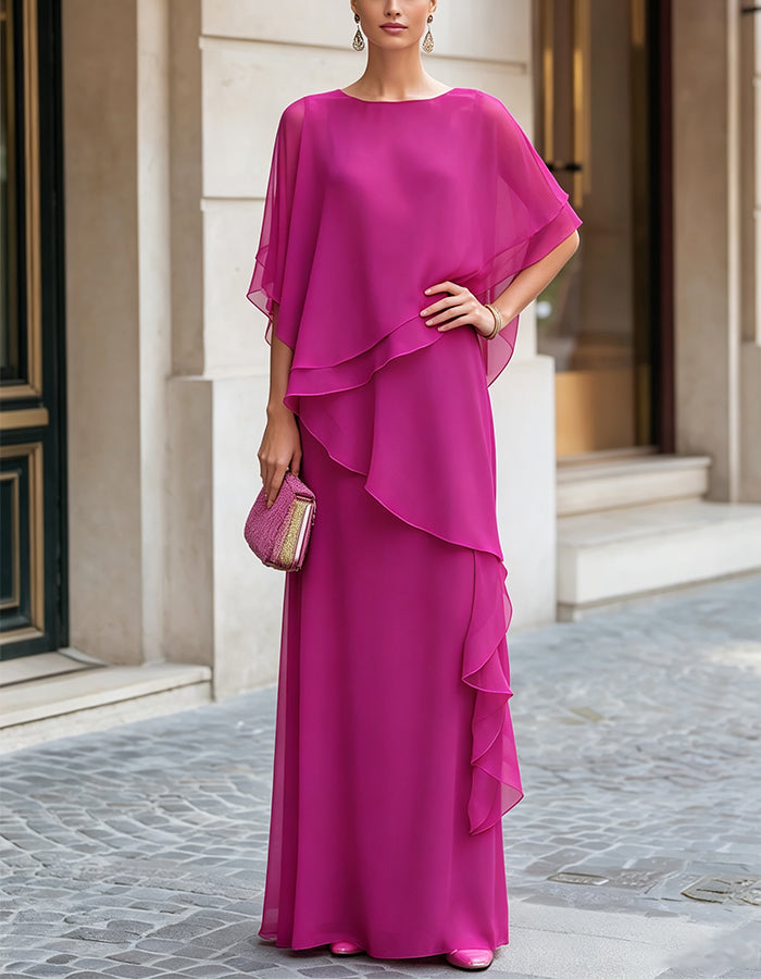 Fuchsia maxi dress made of flowing chiffon with a round neckline, side ruffles, and A-line