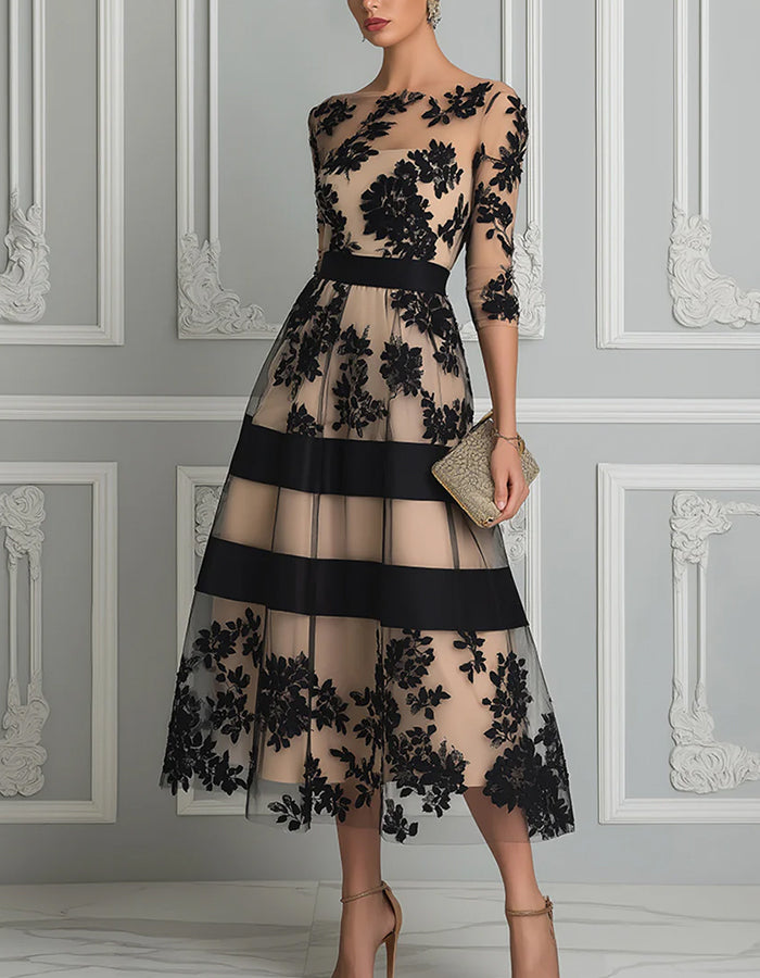 Black midi dress with floral lace, three-quarter sleeves, belt, and nude lining in A-line