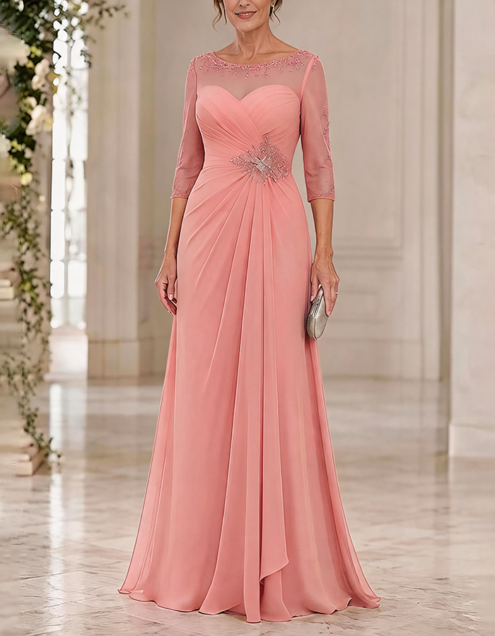Maxi dress made of chiffon in dusty blue with a round neck, 3/4 sleeves, and crossed pleated details, featuring an illusion effect