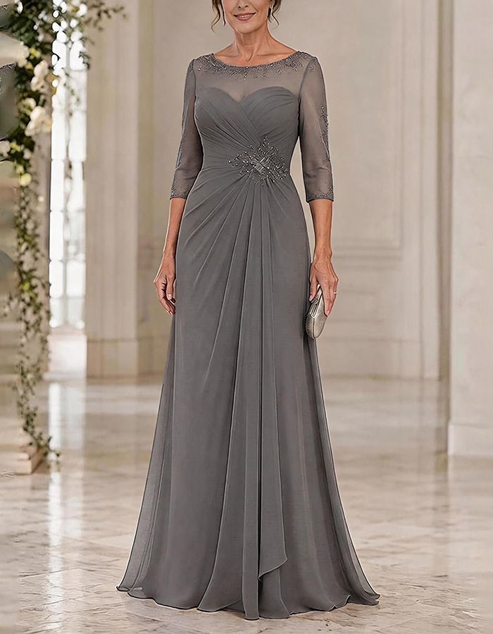 Maxi dress made of chiffon in dusty blue with a round neck, 3/4 sleeves, and crossed pleated details, featuring an illusion effect