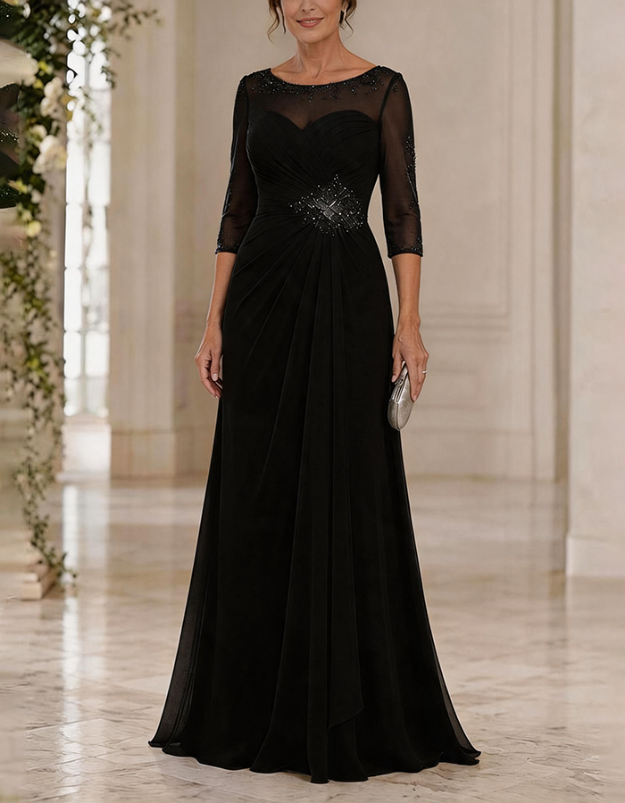 Maxi dress made of chiffon in dusty blue with a round neck, 3/4 sleeves, and crossed pleated details, featuring an illusion effect