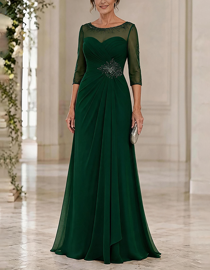 Maxi dress made of chiffon in dusty blue with a round neck, 3/4 sleeves, and crossed pleated details, featuring an illusion effect