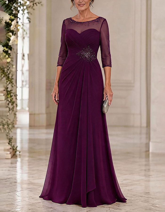 Maxi dress made of chiffon in dusty blue with a round neck, 3/4 sleeves, and crossed pleated details, featuring an illusion effect
