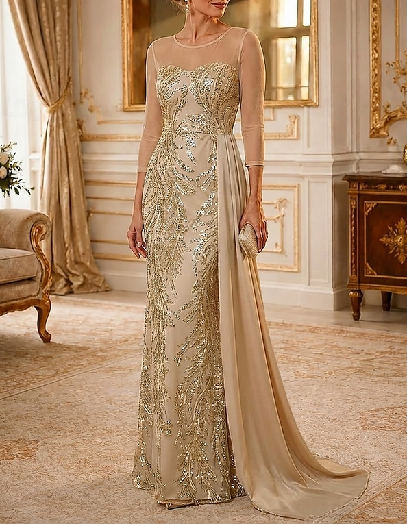 Maxi dress made of chiffon with round neckline, mesh, sequins, and embroidery