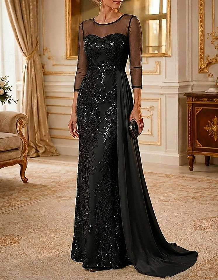 Maxi dress made of chiffon with round neckline, mesh, sequins, and embroidery