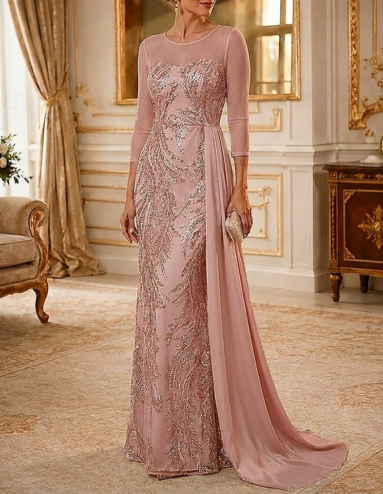 Maxi dress made of chiffon with round neckline, mesh, sequins, and embroidery