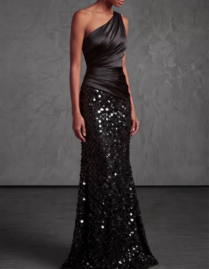 Maxi dress with one shoulder, draped satin and sequins