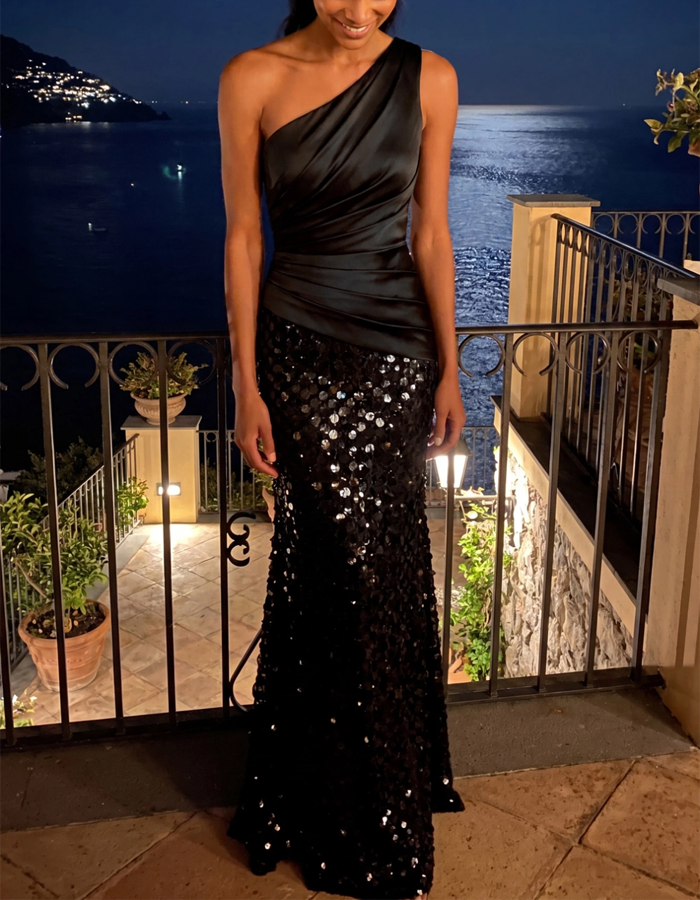 Maxi dress with one shoulder, draped satin and sequins