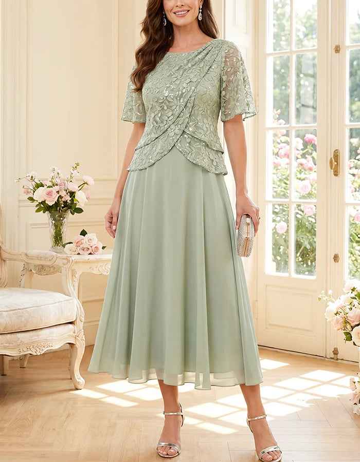 Midi dress made of flowing chiffon with round neck, lace, and sequins