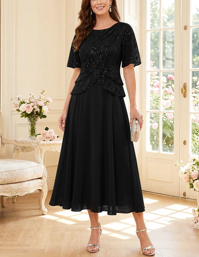 Midi dress made of flowing chiffon with round neck, lace, and sequins