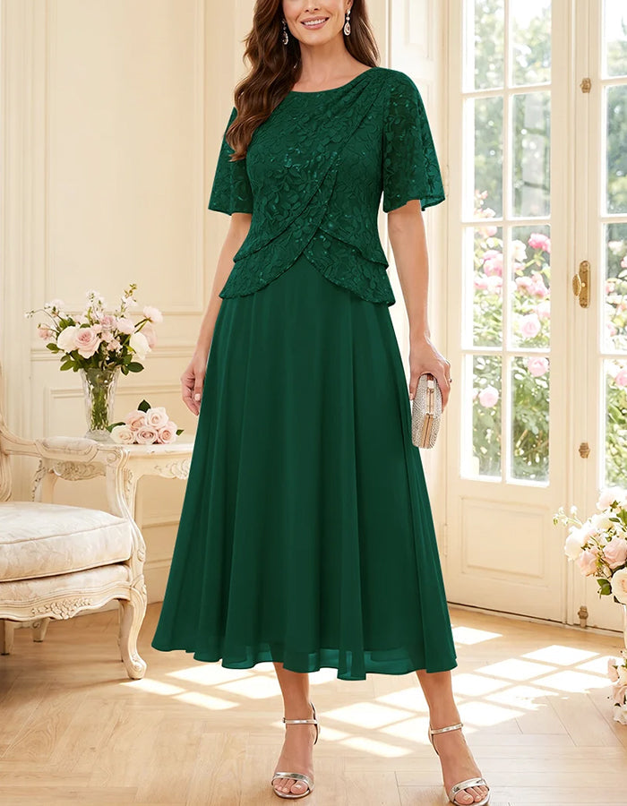 Midi dress made of flowing chiffon with round neck, lace, and sequins