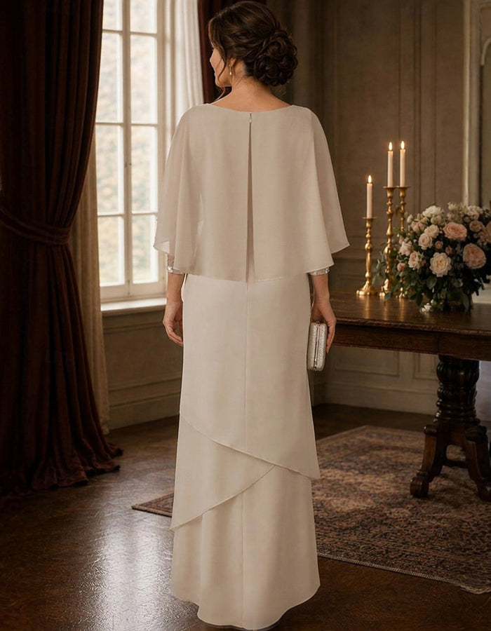 Maxi dress made of layered chiffon with sequins, cape sleeves, and an asymmetrical hemline