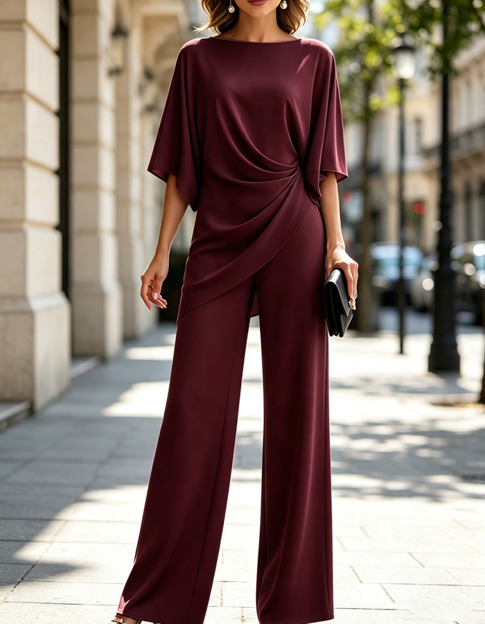2-piece set with a draped neckline top and wide trousers